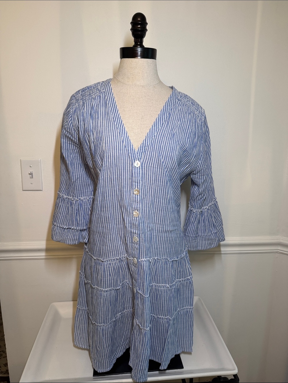 Blue Island Blue and White Vertical Stripe Cover-Up - Size M
